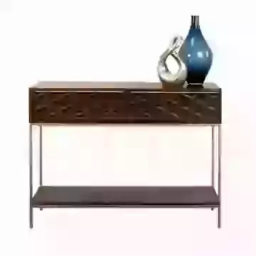 Lattice Design Dark Mango Wood Console Table with 2 Drawers and Gold Framing/Handles